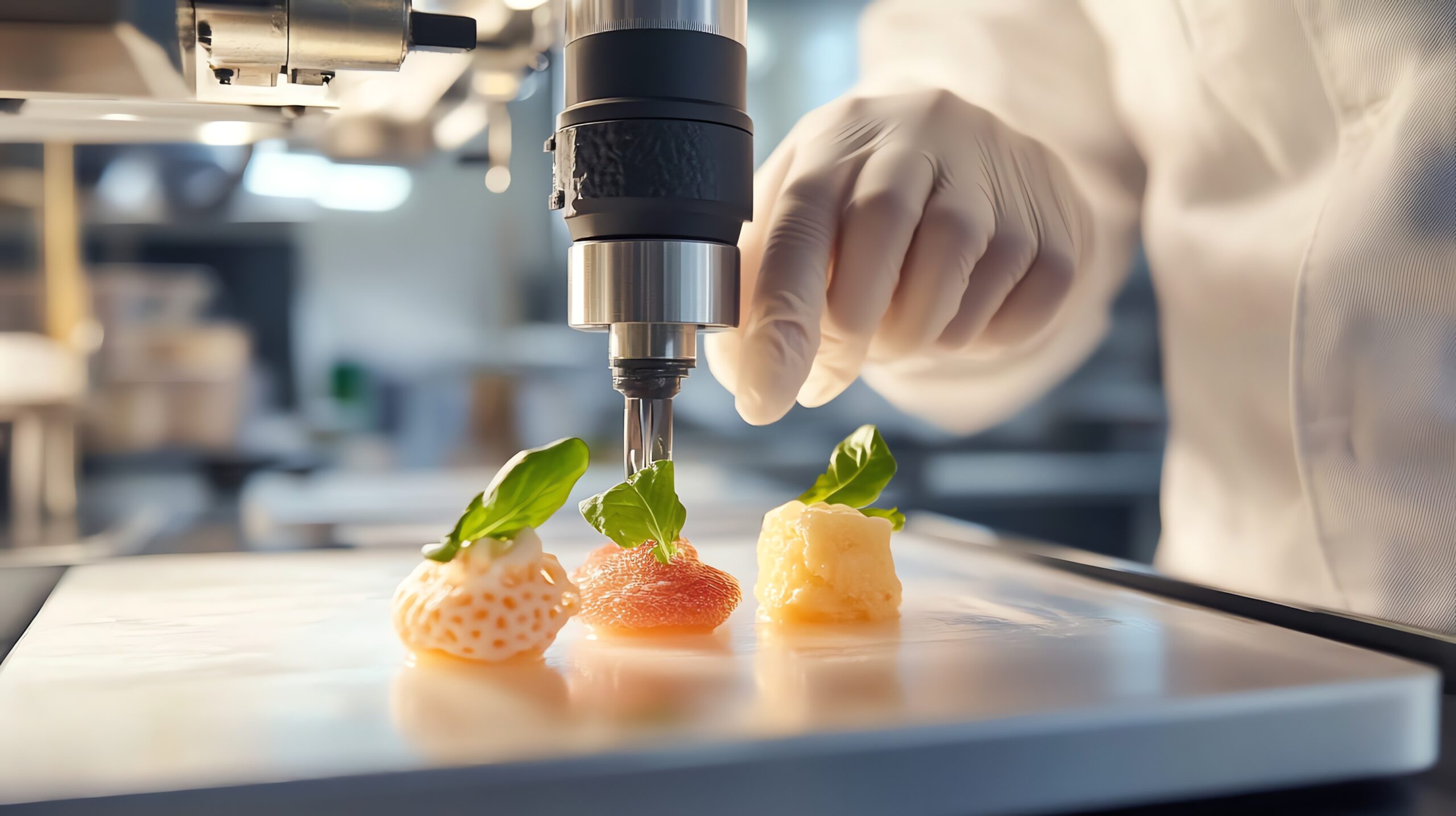 Chef profesional utilizando una impresora de alimentos 3D para crear platos gourmet innovadores. Chef profesional utilizando una impresora de alimentos 3D para crear platos gourmet innovadores.