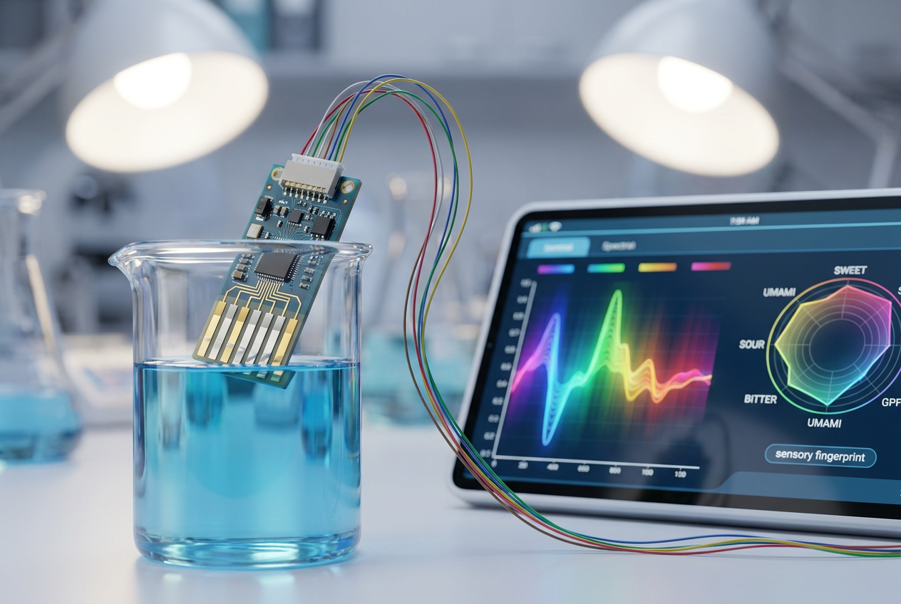 Representación tecnológica de una lengua electrónica con sensores sumergidos en un líquido azul y una pantalla mostrando la huella digital sensorial. Representación tecnológica de una lengua electrónica con sensores sumergidos en un líquido azul y una pantalla mostrando la huella digital sensorial.