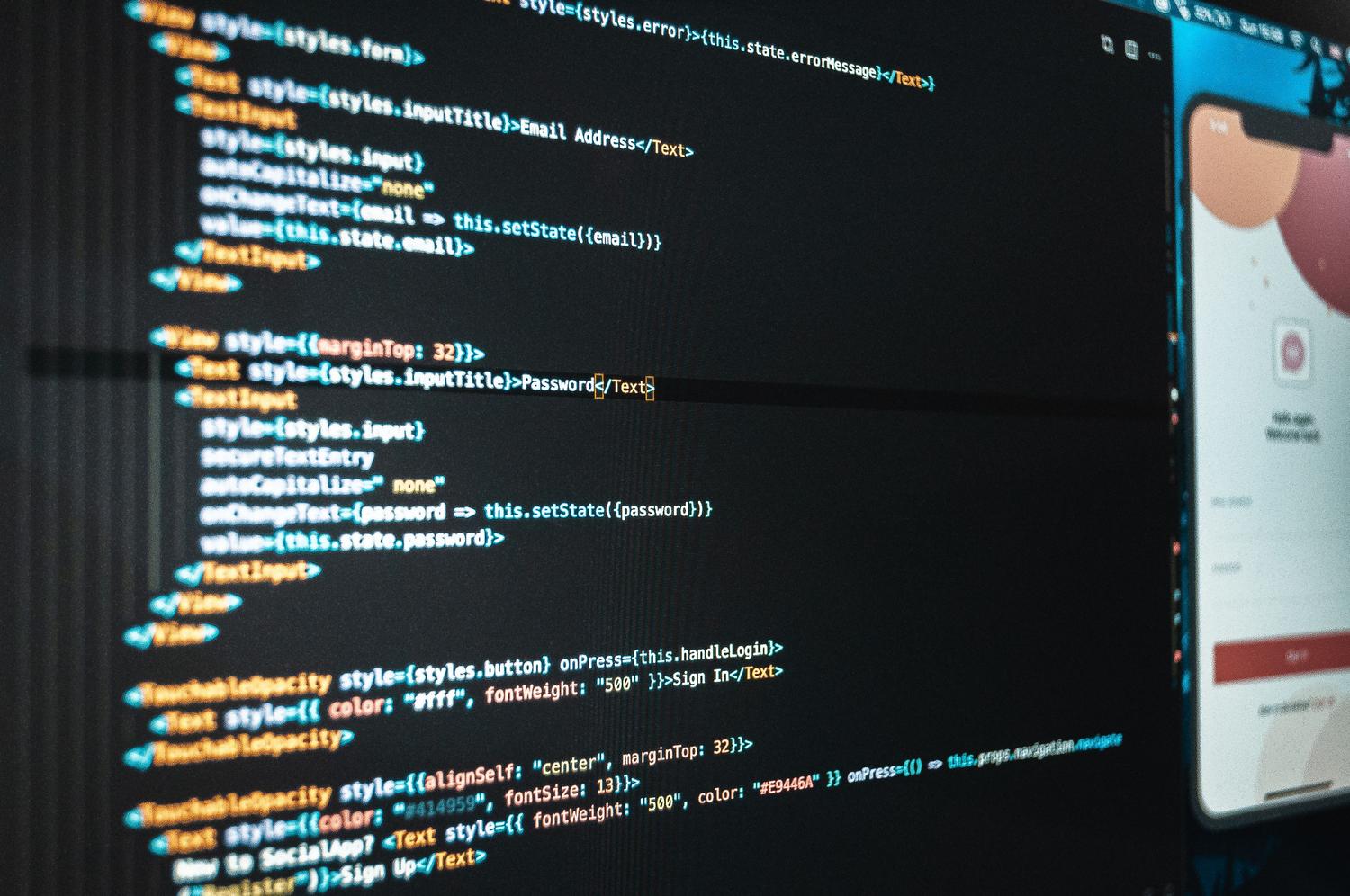 Pantalla de ordenador con editor de código y emulador de aplicación móvil, ilustrando la programación y la función de Hot Reload de Flutter. Pantalla de ordenador con editor de código y emulador de aplicación móvil, ilustrando la programación y la función de Hot Reload de Flutter.