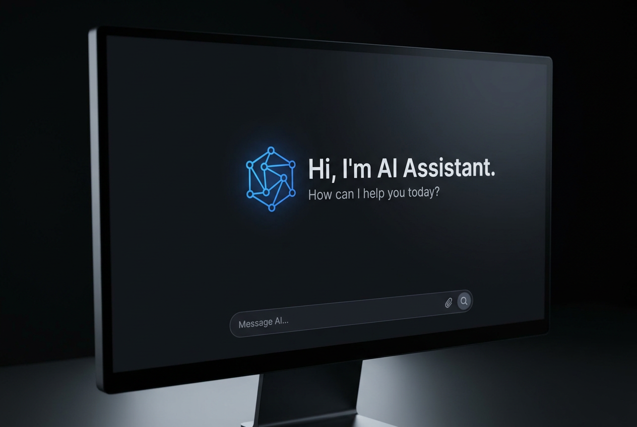 Interfaz genérica de asistente de IA en modo oscuro sobre un monitor, simbolizando la tecnología de inteligencia artificial. Interfaz genérica de asistente de IA en modo oscuro sobre un monitor, simbolizando la tecnología de inteligencia artificial.