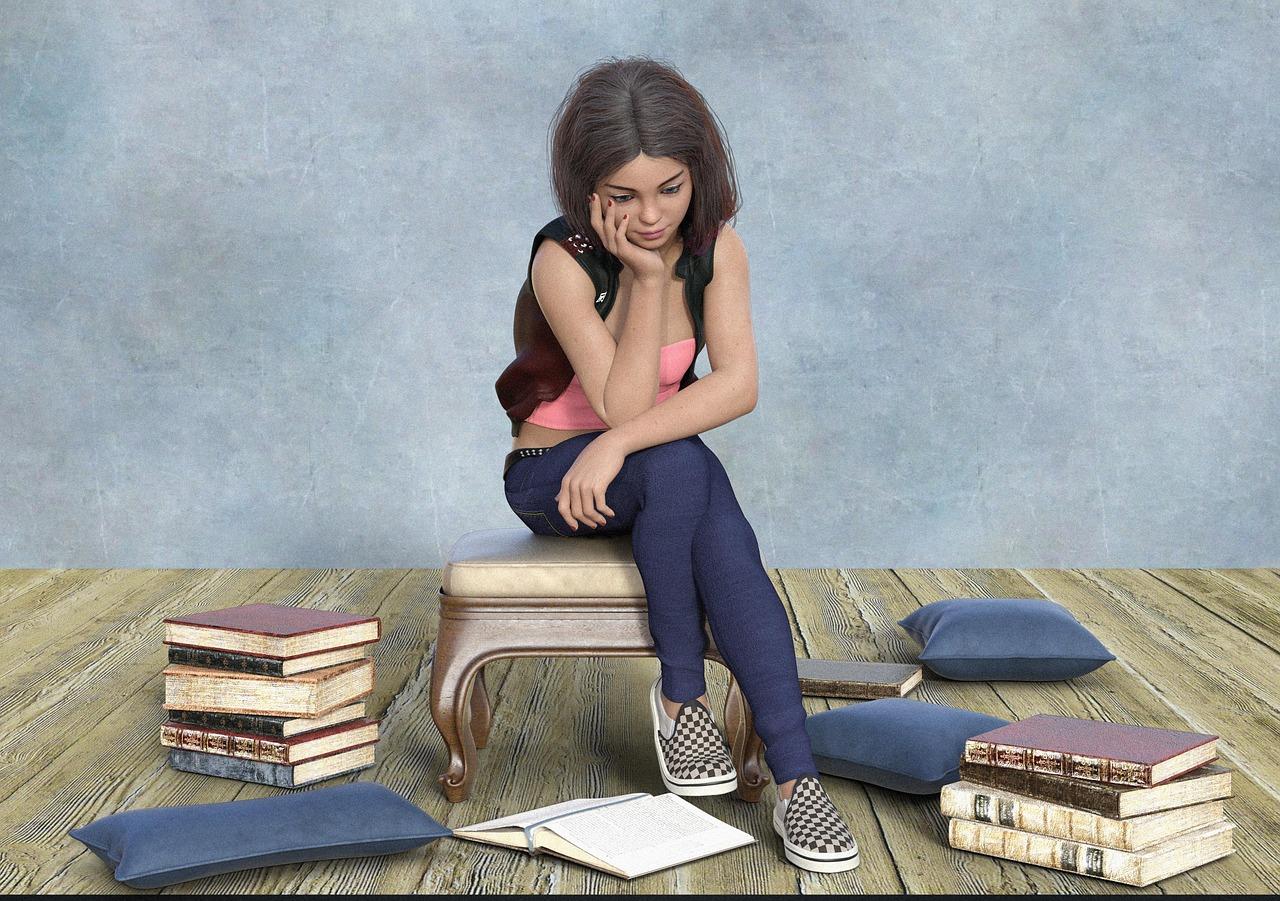 Adolescente concentrada estudiando con una pila de libros, simbolizando la formación y la construcción de proyectos vitales alternativos. Adolescente concentrada estudiando con una pila de libros, simbolizando la formación y la construcción de proyectos vitales alternativos.