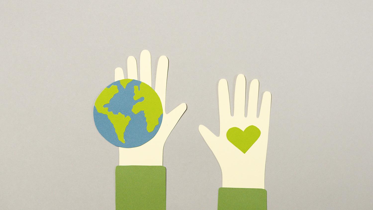 Representación conceptual en paper-art de unas manos sosteniendo el planeta Tierra y un corazón verde, simbolizando la responsabilidad ética y ecológica de la RSC. Representación conceptual en paper-art de unas manos sosteniendo el planeta Tierra y un corazón verde, simbolizando la responsabilidad ética y ecológica de la RSC.
