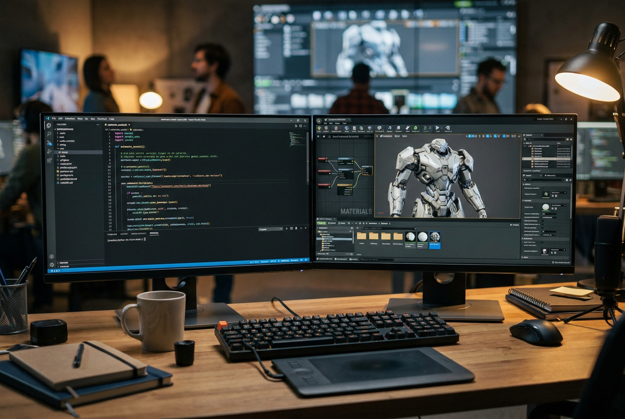 Estación de trabajo de un Technical Artist con pantallas mostrando código de programación y un modelo 3D en un motor gráfico. Estación de trabajo de un Technical Artist con pantallas mostrando código de programación y un modelo 3D en un motor gráfico.