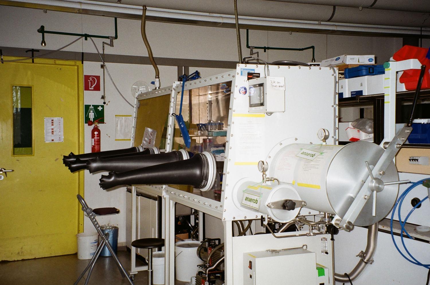 Seguridad en laboratorio con agentes virales Caja de guantes de seguridad en un laboratorio industrial, utilizada para manipular agentes virales peligrosos sin riesgo de exposición.