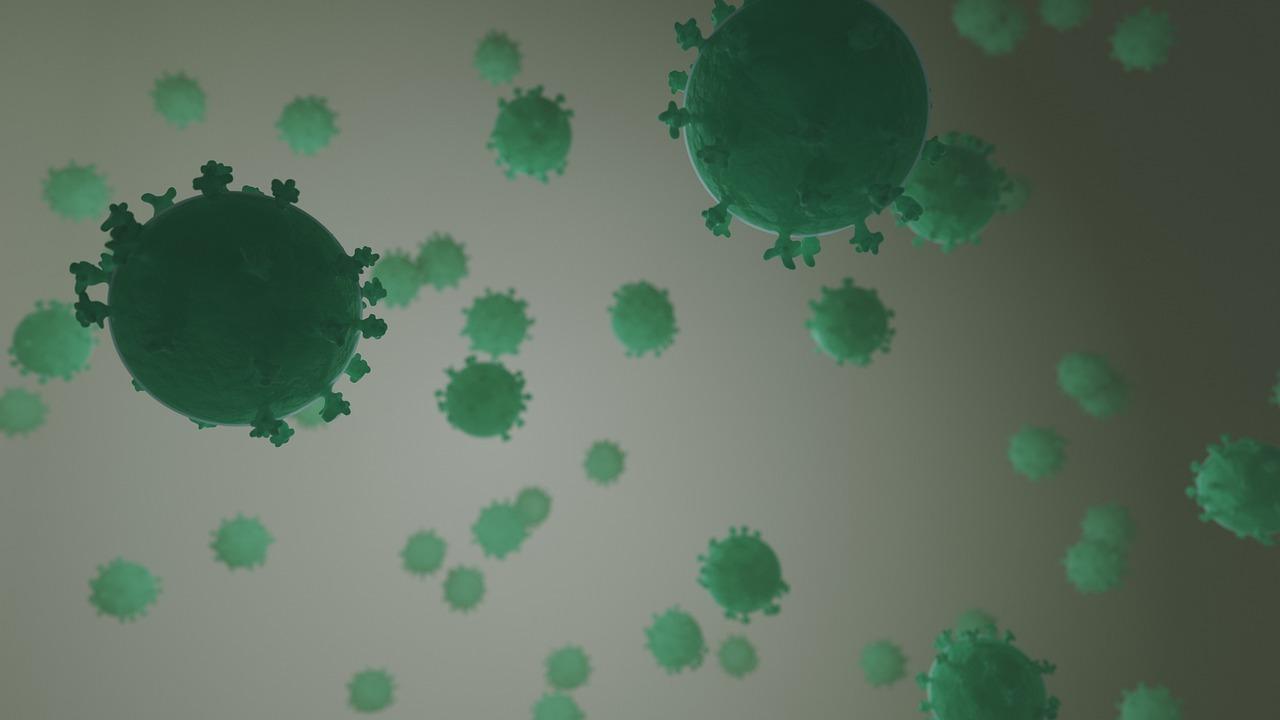 Ilustración de virus emergentes Ilustración médica en 3D de partículas de virus con espículas sobre un fondo neutro, representando la estructura de un virus emergente.