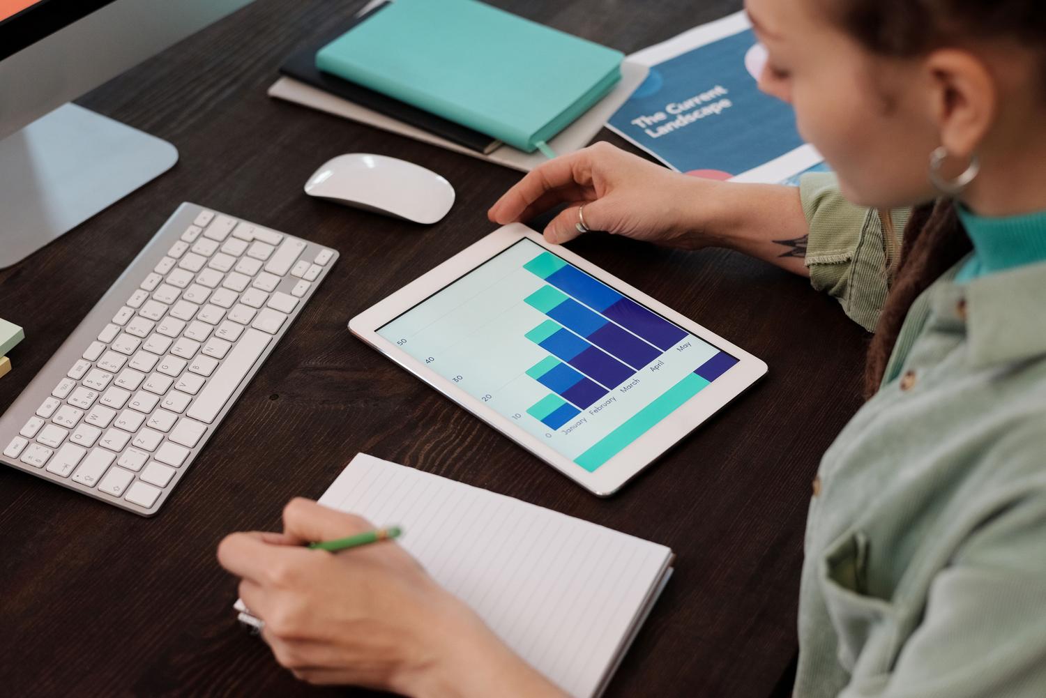 Profesional de marketing analizando gráficos de rendimiento y KPIs Profesional de marketing analizando gráficos de rendimiento y KPIs en una tablet digital.