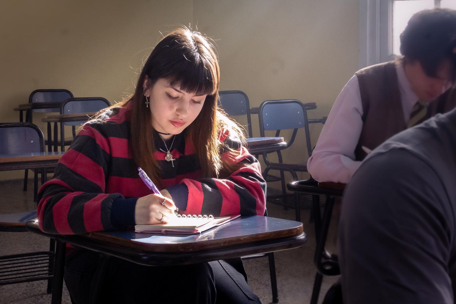 Pianificazione di un lavoro accademico Una studentessa universitaria prende appunti dettagliati sul suo quaderno durante una lezione per pianificare il suo lavoro accademico.