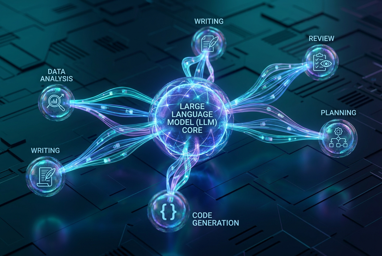 Flujo de trabajo de IA multiagente Visualización conceptual en 3D de un flujo de trabajo de IA multiagente, mostrando la coordinación entre un modelo LLM central y nodos de agentes especializados.