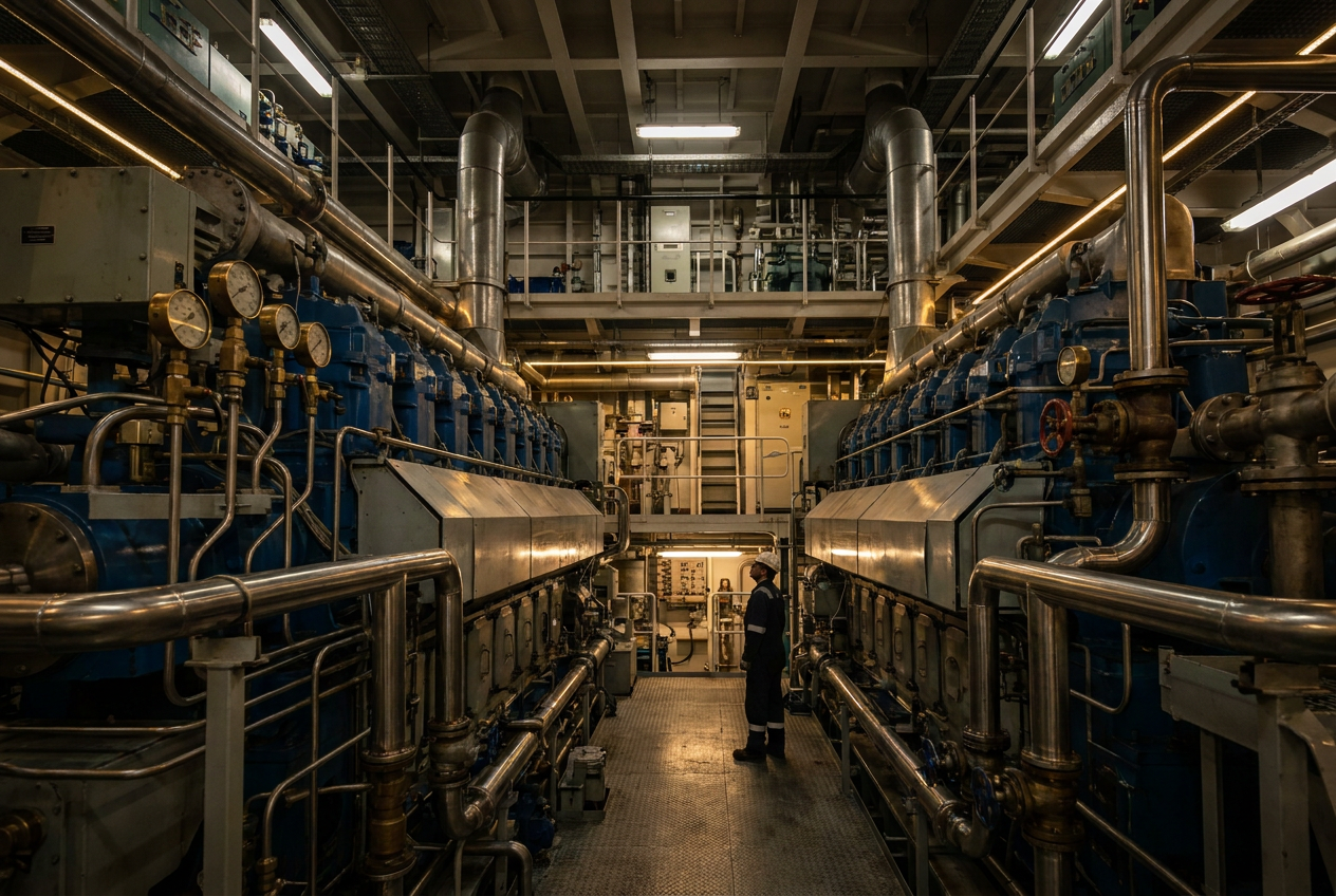 Sala de máquinas industrial de un barco con motores principales y tuberías complejas. Sala de máquinas industrial de un barco con motores principales y tuberías complejas.